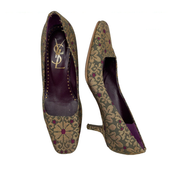 Tom Ford for YSL Yves St Laurent Size 6.5 Brocade Kitten Heels Gold Purple - Picture 1 of 9